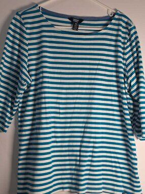 Lands' End XL Reg. Pima Cotton Boat Neck 3/4 Sleeve Striped Top Shirt Teal/White
